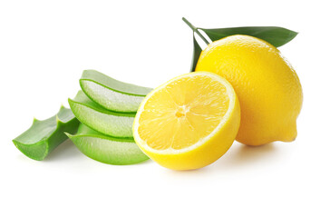 Fresh aloe vera leaves and lemon on white background