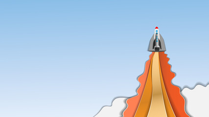 papercut postcard .rocket launch on the background of the sky and clouds from kopi space. vector illustration
