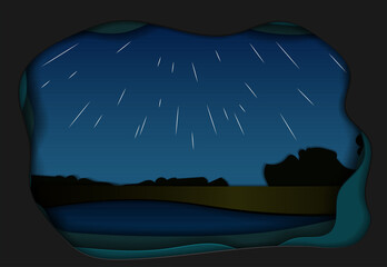 papercut postcard .night sky with a view of the Perseid starfall view from earth. vector illustration