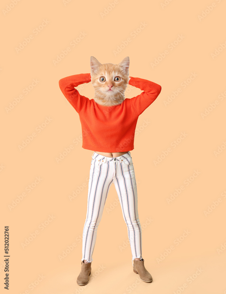 Sticker Funny kitten with human body on beige background