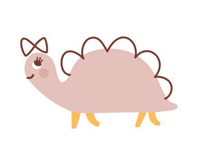 Vector cute baby girl Dinosaur with bow. Hand drawn princess sweet cool baby illustration for nursery t-shirt, kids apparel, invitation, simple scandinavian child design