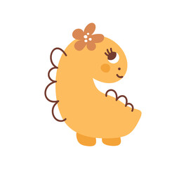Vector cute baby girl Dinosaur with flower on head. Hand drawn princess sweet cool baby illustration for nursery t-shirt, kids apparel, invitation, simple scandinavian child design
