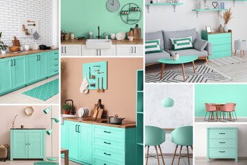 Collage with modern interiors in mint colors