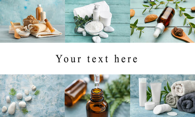 Beautiful spa collage in blue colors with space for text