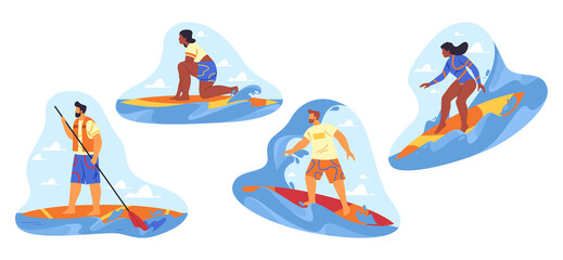 Surfing or paddling stickers or icons, vector set