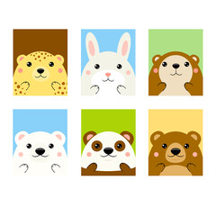 Set of kawaii member icon. Cards with cute cartoon animals. Baby collection of avatars with leopard, panda, brown bear, gopher, rabbit, polar bear. Vector illustration EPS8