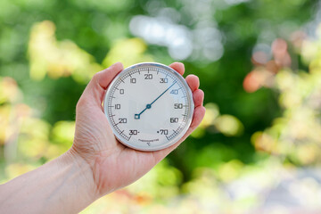A hand holding thermometer in blurred nature background