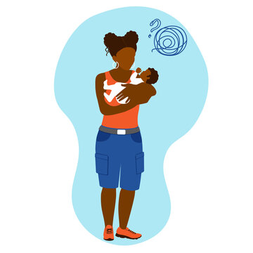 African american postnatal black woman. Holds a baby in her arms. Mother in Postpartum Depression. Tired mom stress with child. Childcare problems. Anxiety issues, support mental health