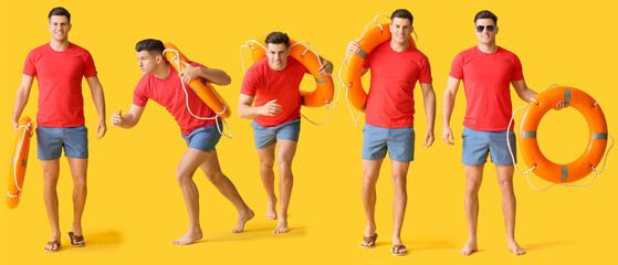 Set of male beach rescuer on yellow background