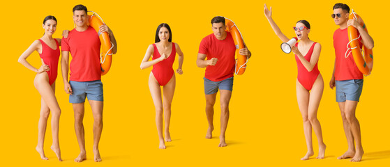 Set of lifeguards on yellow background