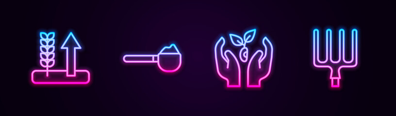 Set line Wheat, Measuring cup with flour, Plant hand and Garden pitchfork. Glowing neon icon. Vector