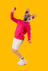 Sphynx cat with human body and wireless portable speaker dancing on yellow background