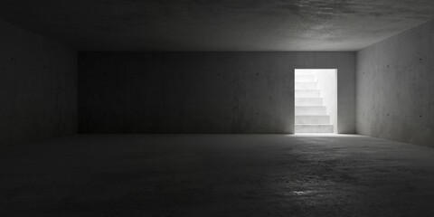 Abstract empty, modern concrete room with indirect lighting from stairs on the back wall and rough floor - industrial interior background template