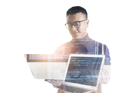 Multiple exposure of Asian programmer with computers and JavaScript on white background