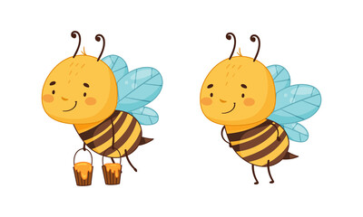Obraz premium Cute happy flying funny bee set. Bee carrying buckets full of honey cartoon vector illustration