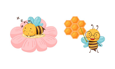Cute happy funny bees set. Honey bee teaching with pointer and sleeping inside pink flower cartoon vector illustration