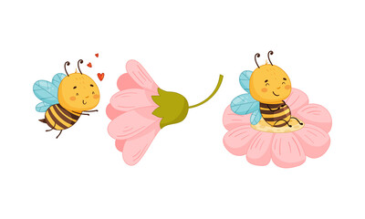 Cute happy funny bees set. Honey bee with pink flowers cartoon vector illustration