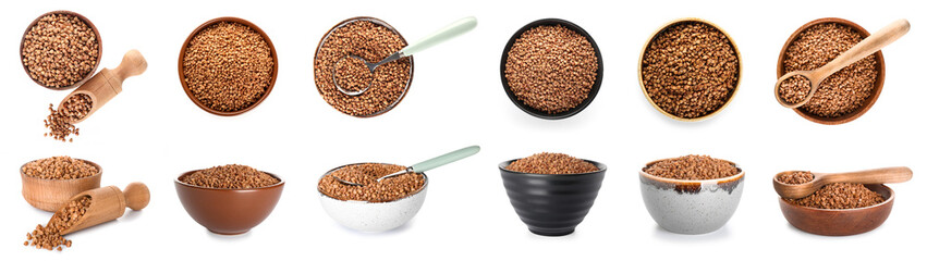 Many bowls of raw buckwheat isolated on white