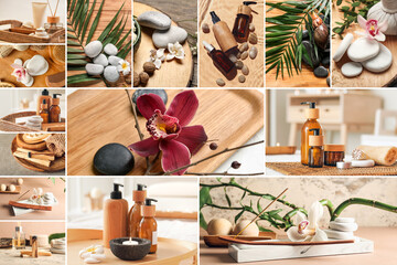 Beautiful spa collage with massage stones, flowers and cosmetics