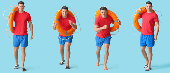 Set of male beach rescuer on light blue background