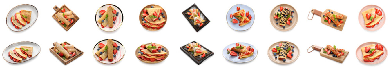 Set of thin pancakes with summer berries on white background