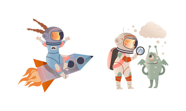 Cute girls in spacesuits flying on space rocket and examining alien through magnifying glass. Children dreaming of becoming astronauts vector illustration