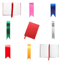 Many colorful bookmarks and books isolated on white