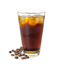 Glass of cold brew and coffee beans on white background