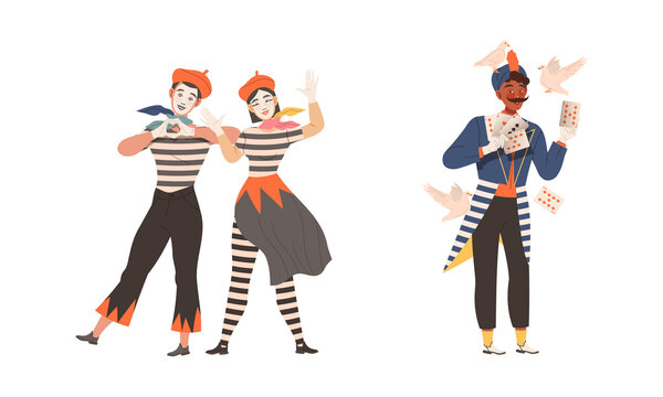 Artists performing at circus show set. Couple of mimes performing pantomime, magician performing with pigeons vector illustration