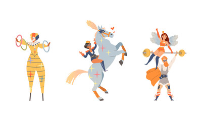 Artists performing at circus show set. Strongman lifting dumbbell, girl doing tricks on running horse, clown on stilts juggling with rings vector illustration