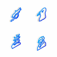 Set Isometric line Eagle head, Cannon, Statue of Liberty and George Washington icon. Vector