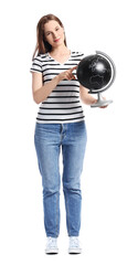 Pretty young woman with globe on white background