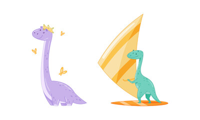 Cute baby dinosaurs activities set. Funny dino walking wearing wreath of flowers and sailing cartoon vector illustration © Happypictures