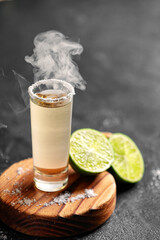Shot of tasty mexican tequila with lime on dark background
