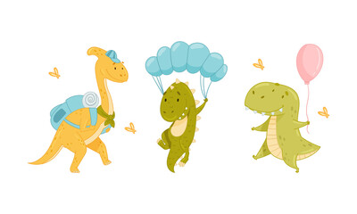 Cute baby dinosaurs activities set. Funny dino flying with parachute, traveling with backpack cartoon vector illustration