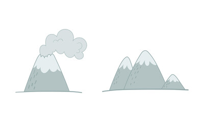 Snowy mountain and volcano eruption cartoon vector illustration