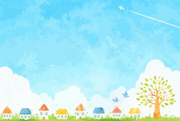 綺麗な青空と街並みの風景イラスト