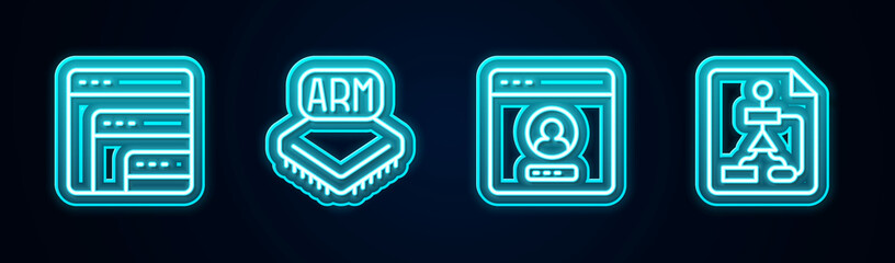 Set line Software, Processor, Create account screen and Flowchart. Glowing neon icon. Vector