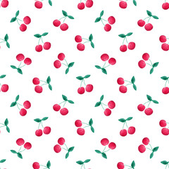 Red watercolor cherries, pattern on white background
