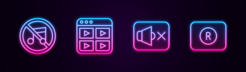 Set line Speaker mute, Music playlist, and Record button. Glowing neon icon. Vector