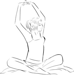 朝起きてベッドの上でストレッチする女性　線画
