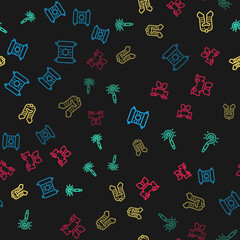 Set line Decree, parchment, scroll, Magic wand, Medieval helmet and Body armor on seamless pattern. Vector