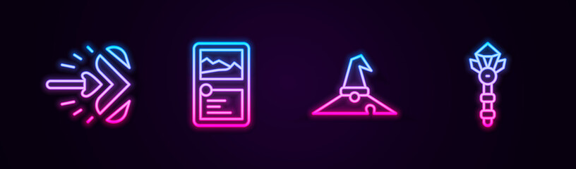 Set line Magic arrow, Card game collection, Witch hat and wand. Glowing neon icon. Vector - obrazy, fototapety, plakaty