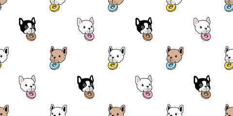 dog seamless pattern french bulldog donut eating food vector head face pet puppy breed cartoon scarf isolated tile background repeat wallpaper wrapping paper doodle illustration design