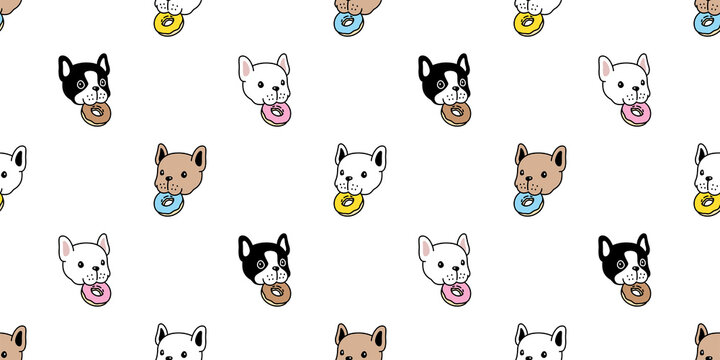 Dog Seamless Pattern French Bulldog Donut Eating Food Vector Head Face Pet Puppy Breed Cartoon Scarf Isolated Tile Background Repeat Wallpaper Wrapping Paper Doodle Illustration Design