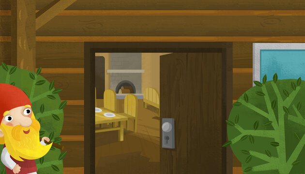 cartoon scene open doors of wooden house illustration