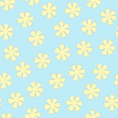 Floral seamless pattern. Yellow flat flowers on pastel blue background. Botanicals. Summer print 