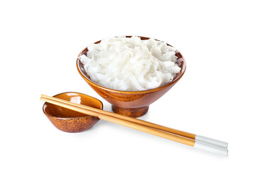 Bowl with tasty rice noodles and chopsticks on white background