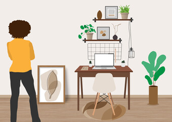 Woman decorate working area. Space for sitting for work at home office flat cartoon characters. Art, vast, cactus, computer in laptop interior.