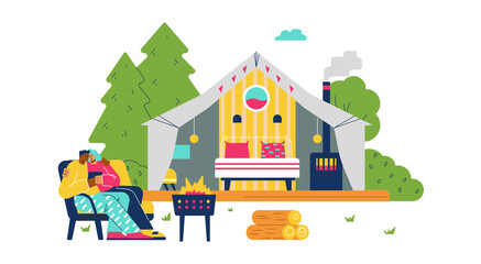 Glamping or Glamor camping concept, flat vector illustration isolated.